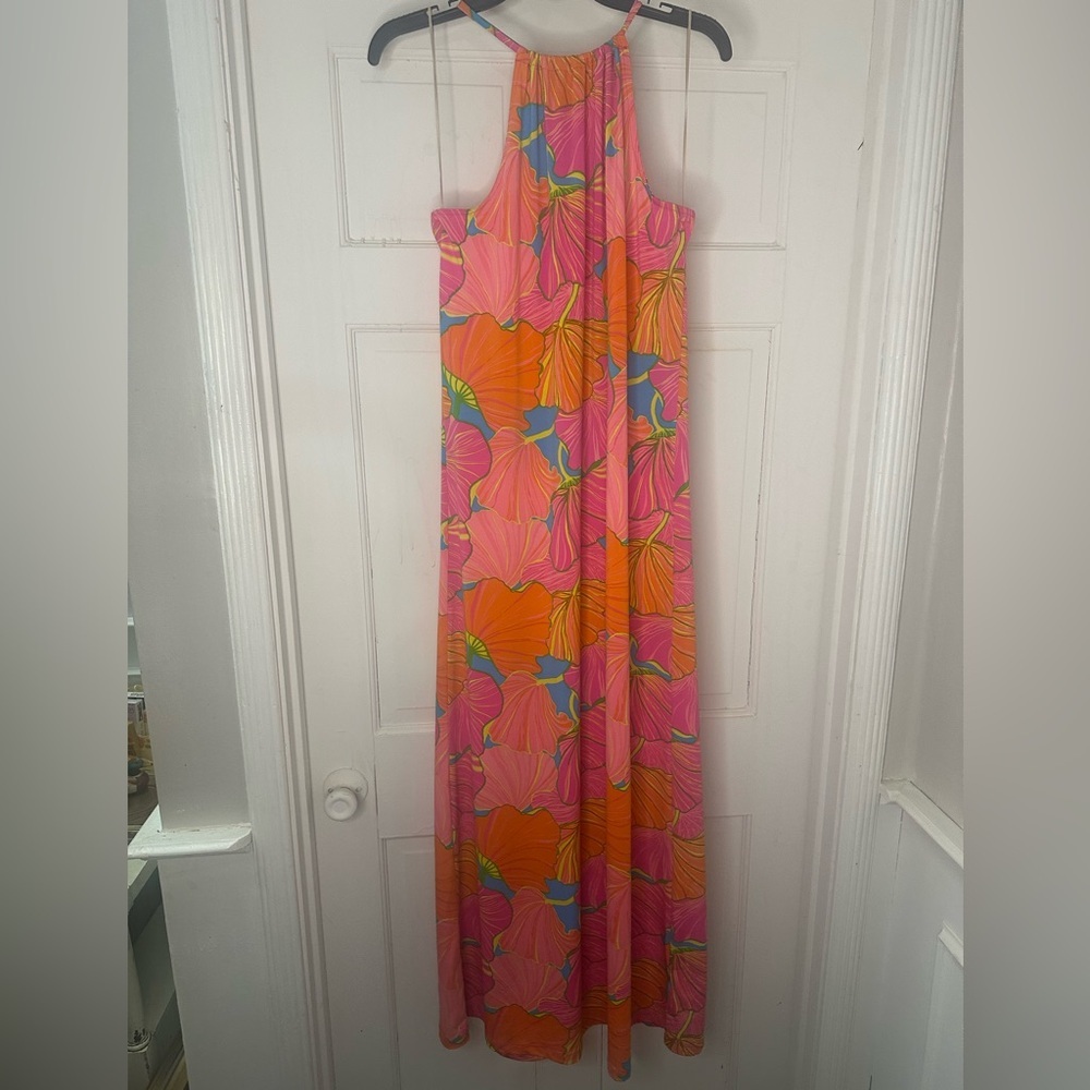 Trina Turk Tropical Floral Maxi Dress Pink Orange Blue Resort Summer Size Small - Picture 3 of 6